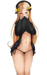 Rule 34 | 1girl, abigail williams (fate), absurdres, black bow, black dress, black hat, black panties, blonde hair, blue eyes, blush, bow, clothes lift, commentary request, dress, dress lift, fate/grand order, fate (series), forehead, groin, hair bow, hat, highres, lifting own clothes, long hair, long sleeves, looking at viewer, navel, orange bow, panties, parted bangs, shin (rwkk8733), side-tie panties, simple background, sleeves past wrists, solo, underwear, very long hair, white background