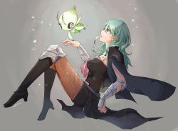 Rule 34 | 1girl, black shorts, boots, brown pantyhose, byleth (female) (fire emblem), byleth (fire emblem), celebi, cleavage cutout, clothing cutout, commentary request, creatures (company), crossover, fire emblem, fire emblem: three houses, from side, game freak, gen 2 pokemon, green eyes, green hair, grey background, hair between eyes, high heel boots, high heels, lace, lace-trimmed legwear, lace trim, legendary pokemon, mythical pokemon, nintendo, pantyhose, pantyhose under shorts, parted lips, pokemon, pokemon (creature), robaco, shorts, simple background