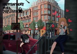 Rule 34 | 10s, 2015, 2girls, :o, ahoge, bag, belt, blonde hair, blouse, blush, boots, brown eyes, brown footwear, brown hair, building, car, character name, city, closed eyes, dated, denim, facing viewer, food, futami mami, grin, happy, happy birthday, heart, high heel boots, high heels, holding, holding food, hood, hood down, hoodie, hoshii miki, idolmaster, idolmaster (classic), jeans, laki, long hair, looking at another, motor vehicle, multiple girls, on vehicle, onigiri, open mouth, outdoors, p-head producer, pants, people, producer (idolmaster), railing, road, road sign, scrunchie, shirt, shoulder bag, side ponytail, sign, sitting, sitting on stairs, smile, sparkle, stairs, street, tree, vehicle, watch, wavy hair, white shirt, wrist scrunchie, wristwatch