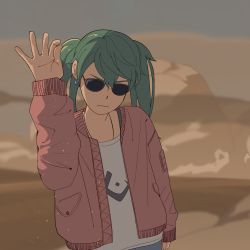 Rule 34 | 1girl, arm at side, arm up, bad id, bad twitter id, blue pants, brown jacket, closed mouth, commentary, denim, desert, dust cloud, earrings, green hair, grey sky, hatsune miku, highres, jacket, jeans, jewelry, light frown, long hair, long sleeves, looking down, meme, nagdonggang, outdoors, pants, pocket, salt bae (meme), sand, serious, shirt, sky, solo, suna no wakusei (vocaloid), sunglasses, twintails, upper body, vocaloid, white shirt