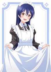 Rule 34 | 1girl, absurdres, alternate costume, apron, black dress, blue hair, blush, dress, enmaided, frilled apron, frilled dress, frills, haruharo (haruharo 7315), highres, long hair, long sleeves, looking at viewer, love live!, love live! school idol project, maid, maid apron, maid headdress, ribbon, simple background, skirt, skirt hold, smile, solo, sonoda umi, standing, swept bangs, white apron, white background, yellow eyes