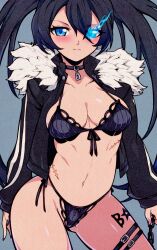 Rule 34 | 1girl, :|, absurdres, aqua marine (aqua000marine), bikini, black bikini, black choker, black hair, black jacket, black nails, black rock shooter, black rock shooter (character), blue eyes, blue fire, blush, breasts, chain, choker, cleavage, closed mouth, contrapposto, fingernails, fire, flaming eye, front-tie bikini top, front-tie top, fur collar, glowing, glowing eye, gluteal fold, highres, jacket, leg tattoo, long hair, looking at viewer, medium breasts, midriff, multiple scars, nail polish, navel, open clothes, open jacket, pale skin, scar, scar on stomach, side-tie bikini bottom, solo, standing, swimsuit, tattoo, thigh strap, twintails, uneven twintails