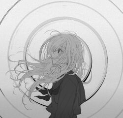 Rule 34 | 1girl, arms at sides, empty eyes, film grain, floating hair, from side, greyscale, highres, long hair, long sleeves, looking up, messy hair, monochrome, neckerchief, no pupils, noroi (rnatataki), open mouth, original, profile, school uniform, serafuku, solo, spiral background, upper body