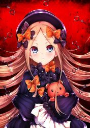 Rule 34 | 1girl, abigail williams (fate), black bow, black dress, black hat, blonde hair, blue eyes, blush, bow, dress, fate/grand order, fate (series), floating hair, hair bow, hat, highres, long hair, looking up, orange bow, parted bangs, parted lips, soda (sodachuxd), solo, stuffed animal, stuffed toy, teddy bear, upper body, very long hair