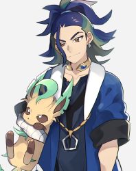 Rule 34 | 1boy, adaman (pokemon), black shirt, blue coat, blue hair, brown eyes, closed mouth, coat, collar, collarbone, commentary request, creatures (company), earrings, eyebrow cut, game freak, gen 4 pokemon, green hair, head tilt, highres, holding, holding pokemon, jewelry, leafeon, male focus, neck ring, nintendo, ou negi, pokemon, pokemon (creature), pokemon legends: arceus, shirt, simple background, smile, upper body, white background