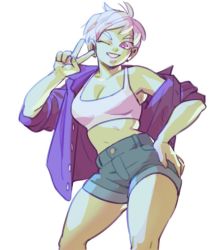 Rule 34 | 1girl, antenna hair, armpits, artyintheuk, bra, breasts, bright pupils, cheelai, collarbone, collared shirt, colored skin, commentary, denim, denim shorts, dragon ball, dragon ball super, dragon ball super broly, dress shirt, green skin, grin, hand on own hip, high-waist shorts, long sleeves, looking at viewer, medium breasts, midriff, navel, off shoulder, one eye closed, purple eyes, purple shirt, shirt, short hair, short shorts, shorts, shorts rolled up, simple background, skindentation, sleeves pushed up, smile, solo, sports bra, thick eyebrows, thighs, underwear, v, white background, white bra, white hair
