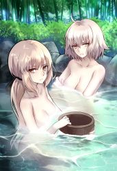 Rule 34 | 2girls, ahoge, artoria pendragon (all), artoria pendragon (fate), bathing, black ribbon, blonde hair, breasts, cleavage, collarbone, day, fate/grand order, fate (series), forest, hair between eyes, hair ribbon, highres, jeanne d&#039;arc (fate), jeanne d&#039;arc alter (avenger) (fate), jeanne d&#039;arc alter (fate), large breasts, long hair, looking at viewer, medium breasts, multiple girls, nature, nude, onsen, outdoors, parted lips, partially submerged, ponytail, ribbon, saber alter, shigure s, short hair, silver hair, sunlight, yellow eyes