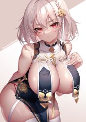 Rule 34 | 1girl, absurdres, areola slip, azur lane, bad id, bad pixiv id, bare shoulders, breast curtains, breasts, china dress, chinese clothes, cleavage, cowboy shot, dress, hair ornament, highres, large breasts, leaning forward, looking at viewer, official alternate costume, red eyes, revealing clothes, short hair, simple background, sirius (azur lane), sirius (azure horizons) (azur lane), solo, thighhighs, white background, white hair, white thighhighs, whois