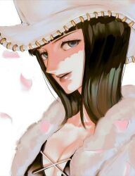 Rule 34 | 1girl, black hair, black shirt, blue eyes, coat, commentary, cross-laced clothes, cross-laced top, fur collar, hat, highres, looking at viewer, medium hair, nico robin, one piece, petals, red lips, shirt, simple background, smile, solo, third-party source, white background, white coat, white hat, yo0590