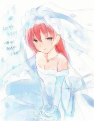 Rule 34 | 1girl, bare shoulders, bouquet, breasts, bridal veil, cleavage, closed mouth, collarbone, dress, flower, gown, holding, holding bouquet, long hair, looking at viewer, potekite, rose, sketch, smile, solo, tonikaku kawaii, translation request, veil, wedding dress, white dress, white flower, white rose, yuzaki tsukasa