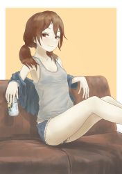 Rule 34 | 1girl, alternate costume, beer can, blush, breasts, brown eyes, brown hair, can, closed mouth, couch, denim, denim shorts, drink can, grey tank top, highres, holding, holding can, kantai collection, legs, long hair, looking at viewer, low twintails, nito (nshtntr), open clothes, ryuujou (kancolle), short shorts, shorts, simple background, sitting, small breasts, solo, tank top, thighs, twintails, two-tone background
