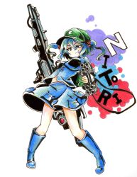 Rule 34 | 1girl, backpack, bag, blue eyes, blue hair, boots, character name, dress, dual wielding, goku (acoloredpencil), gokuu (acoloredpencil), gun, hair bobbles, hair ornament, hat, highres, holding, kawashiro nitori, key, long sleeves, looking at viewer, matching hair/eyes, pocket, rifle, rubber boots, shirt, short hair, skirt, skirt set, smile, solo, touhou, traditional media, twintails, two side up, weapon