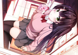 Rule 34 | 1girl, absurdres, black skirt, black thighhighs, blush, bow, breasts, brown hair, chair, desk, drinking, drinking straw, from above, green eyes, hair ornament, hairclip, highres, hiragi ringo, indoors, juice box, large breasts, long hair, looking up, original, pink sweater, red bow, red neckwear, school desk, school uniform, sitting, skirt, solo, sweater, thighhighs