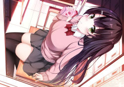 1girl absurdres black_skirt black_thighhighs blush bow breasts brown_hair chair desk drinking drinking_straw from_above green_eyes hair_ornament hairclip highres hiragi_ringo indoors juice_box large_breasts long_hair looking_up original pink_sweater red_bow red_neckwear school_desk school_uniform sitting skirt solo sweater thighhighs