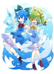 Rule 34 | 2girls, ;d, ahoge, blue bow, blue dress, blue eyes, bow, bowtie, brown footwear, cirno, commentary, daiyousei, dress, fairy wings, full body, hair between eyes, hair bow, high heels, highres, ice, ice wings, locked arms, long hair, looking at viewer, multiple girls, nikorashi-ka, one-hour drawing challenge, one eye closed, open mouth, orange eyes, petticoat, pointing, pointing up, puffy short sleeves, puffy sleeves, red bow, shirt, short hair, short sleeves, smile, socks, split mouth, touhou, white legwear, white shirt, wings, yellow bow