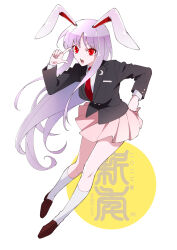 Rule 34 | 1girl, animal ears, black jacket, blazer, brown footwear, chinese zodiac, collared shirt, commentary, crescent, crescent pin, full body, hand on own hip, highres, index finger raised, jacket, karasaki, loafers, long hair, looking at viewer, necktie, open mouth, pink skirt, pleated skirt, purple hair, rabbit ears, rabbit girl, red eyes, red necktie, reisen udongein inaba, shirt, shoes, skirt, socks, solo, teeth, touhou, translation request, very long hair, white background, white shirt, white socks, wide sleeves, year of the rabbit