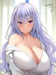 Rule 34 | 1girl, breasts, commentary request, curtains, indoors, large breasts, long hair, looking at viewer, maou to ore no hangyakuki, open clothes, open shirt, purple eyes, purple hair, shirt, signature, solo, white shirt, yoshikawa hideaki