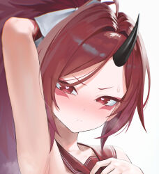 Rule 34 | 1girl, armpits, black horns, blue archive, blush, closed mouth, hair intakes, heart, heart-shaped pupils, highres, horns, kazane-wind, long hair, looking at viewer, ponytail, portrait, red eyes, red hair, red sailor collar, renge (blue archive), sailor collar, simple background, single horn, solo, symbol-shaped pupils, white background