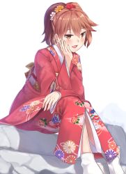 Rule 34 | 1girl, alternate costume, alternate hairstyle, brown eyes, brown hair, flat chest, floral print, hair ornament, happy new year, highres, japanese clothes, kantai collection, kimono, long sleeves, new year, red kimono, ryouya, ryuujou (kancolle), sash, short ponytail, sitting, solo, tabi, wide sleeves