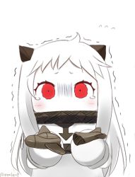 Rule 34 | 10s, 1girl, abyssal ship, ahoge, aircraft, airplane, broken, commentary request, dress, horns, kantai collection, long hair, md5 mismatch, mittens, northern ocean princess, red eyes, rexlent, simple background, solo, tearing up, tears, toy airplane, trembling, twitter username, white background, white dress, white hair