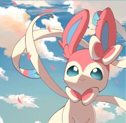Rule 34 | blush, bright pupils, closed mouth, cloud, commentary request, creatures (company), day, falling petals, game freak, gen 6 pokemon, green eyes, highres, looking up, nintendo, no humans, outdoors, petals, pokemon, pokemon (creature), sato (i cant do it), sky, smile, solo, sylveon, white pupils