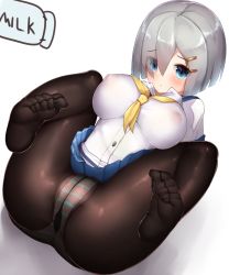 Rule 34 | 10s, 1girl, black pantyhose, blue eyes, blue skirt, blush, boruhis, bottle, breasts, covered erect nipples, eyebrows, eyes visible through hair, feet, grey hair, hair between eyes, hair ornament, hairclip, hamakaze (kancolle), hands on own chest, kantai collection, large breasts, lying, milk bottle, neckerchief, no shoes, on back, panties, panties under pantyhose, pantyhose, pleated skirt, school uniform, serafuku, shadow, short hair, simple background, skirt, soles, solo, spread legs, striped clothes, striped panties, toe scrunch, toes, underwear, white background, yellow neckerchief