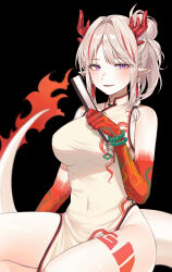 Rule 34 | 1girl, :d, arknights, bare shoulders, bead bracelet, beads, black background, blush, bracelet, braid, breasts, colored extremities, colored skin, covered navel, dragon girl, dragon horns, dragon tail, dress, earrings, fang, fiery tail, folded fan, folding fan, gradient skin, grey dress, grey hair, hand fan, highres, holding, holding fan, horns, hyeroin, jewelry, large breasts, looking at viewer, multicolored hair, nian (arknights), nian (unfettered freedom) (arknights), official alternate costume, open mouth, pelvic curtain, pointy ears, purple eyes, red skin, short hair, side braid, simple background, sitting, sleeveless, sleeveless dress, smile, solo, streaked hair, tail, two-tone hair, white dress