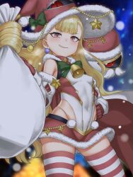 Rule 34 | 1girl, armpit crease, blonde hair, cape, christmas, covered navel, detached sleeves, earrings, eitri (fire emblem), fire emblem, fire emblem heroes, gluteal fold, hat, highres, jewelry, long hair, looking at viewer, miniskirt, nintendo, prehensile hair, red eyes, santa costume, santa hat, skirt, smile, snowing, striped clothes, striped thighhighs, thighhighs, user ppkj7438
