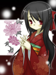 Rule 34 | 1girl, black hair, blush, bow, closed mouth, flower, hair bow, japanese clothes, kimono, long sleeves, looking at viewer, original, own hands together, ponytail, red bow, red eyes, sash, shiratama, shiratama yomogi, smile, solo, wide sleeves