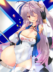 Rule 34 | 1girl, absurdres, alternate costume, armpits, azur lane, balloon, black gloves, blush, breasts, cleavage, commentary request, detached sleeves, gloves, grenville (azur lane), hair ornament, hand up, highres, large breasts, long hair, looking at viewer, one eye closed, open mouth, orange eyes, purple hair, race queen, side ponytail, solo, thighhighs, tonchinkan