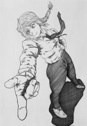 Rule 34 | blouse, braid, braided ponytail, buttoned cuffs, buttons, chainsaw man, crosshatching, eindrawppsn, finger gun, formal, greyscale, hatching (texture), high-waist pants, highres, makima (chainsaw man), mature female, monochrome, narrow waist, necktie, pants, pony (animal), ringed eyes, shirt, simple background, smile, thick thighs, thighs, traditional media, white background, white shirt, wide hips