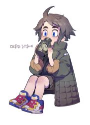 Rule 34 | 1boy, ahoge, artist name, black hair, blue eyes, canteen, coat, drinking, full body, gundam, gundam tekketsu no orphans, invisible chair, korean text, long sleeves, male focus, mikazuki augus, pants, pants rolled up, pigeon666, shoes, short hair, shorts, simple background, sitting, sleeves rolled up, sneakers, solo, white background