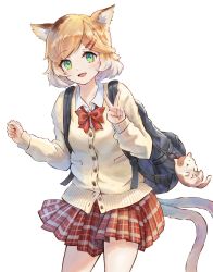 Rule 34 | 1girl, :d, alternate costume, animal ears, arknights, bag, blonde hair, bow, bowtie, brown cardigan, cardigan, cat ears, cat girl, cat tail, clenched hand, commentary request, cowboy shot, garvini, green eyes, highres, infection monitor (arknights), long sleeves, mousse (arknights), multicolored hair, multiple tails, open mouth, pleated skirt, red bow, red bowtie, school bag, shirt, simple background, skirt, smile, solo, tail, v, white background, white hair, white shirt