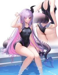 Rule 34 | 1girl, ass, black one-piece swimsuit, blush, bow, braid, breasts, clothing cutout, colored inner hair, competition swimsuit, hair bow, highres, horns, katasumi (suraimu), knees together feet apart, long hair, medium breasts, multicolored hair, multiple views, one-piece swimsuit, original, pink hair, pointy ears, purple eyes, purple hair, single braid, single horn, soaking feet, suraimu (suraimuraimu), swimsuit, tail, tail through clothes, very long hair, white background