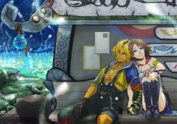Rule 34 | 00s, 1boy, 1girl, bare shoulders, beads, bench, blonde hair, blue eyes, boots, box, brown hair, chain, couple, final fantasy, final fantasy x, final fantasy x-2, flower, gloves, green eyes, holding hands, hetero, heterochromia, lily pad, lotus, night, pyrefly, sitting, smile, tidus, water, yomugi, yuna, yuna (ff10)