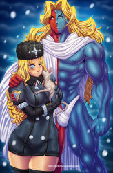 Rule 34 | 1boy, 1girl, abs, arm around shoulder, blonde hair, blue eyes, blue skin, breasts, capcom, cat, colored skin, darkereve, elbow gloves, forehead jewel, fur hat, gill (street fighter), gloves, hat, height difference, highres, kolin, large breasts, licking, licking another&#039;s face, multicolored skin, muscular, red skin, russian clothes, scarf, smile, snow, snowing, street fighter, street fighter iii (series), street fighter v, thighhighs, thighs, two-tone skin, ushanka, yellow eyes, zettai ryouiki