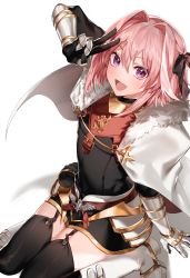 Rule 34 | 1boy, :d, absurdres, arm support, arm up, armor, astolfo (fate), bad id, bad pixiv id, black bow, black shirt, black thighhighs, boots, bow, buckle, cloak, cross, fang, fate/apocrypha, fate/grand order, fate (series), faulds, fresa pie, from above, fur-trimmed cloak, fur collar, fur trim, garter straps, gauntlets, hair between eyes, hair bow, heart, highres, knee boots, long hair, long sleeves, looking at viewer, male focus, multicolored hair, open mouth, pink hair, purple eyes, shirt, sidelocks, simple background, sitting, smile, solo, streaked hair, thighhighs, trap, v, wariza, white background, white cloak, white footwear, white hair