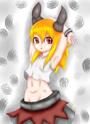 Rule 34 | 1girl, blonde hair, highres, horns, legs, mikan no mikoto(chatacter), mikan susano o, oni, oni horns, red eyes, sample watermark, solo, stomach, watermark
