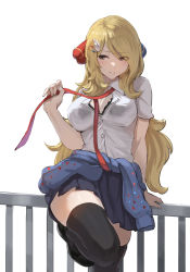 Rule 34 | 1girl, against fence, alternate costume, arm support, black skirt, black thighhighs, blonde hair, blush, breasts, buttons, cleavage, clothes around waist, collared shirt, commentary, creatures (company), cynthia (pokemon), eyelashes, fence, game freak, gen 4 pokemon, grey eyes, hair ornament, hand up, highres, holding necktie, jojobirdz, leg up, long hair, necktie, nintendo, parted lips, pleated skirt, pokemon, pokemon (creature), pokemon dppt, red necktie, shirt, short sleeves, skirt, solo, sweater, sweater around waist, thighhighs, togekiss, undone necktie, white background, white shirt