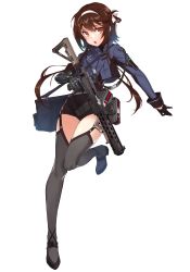 Rule 34 | 1girl, absurdres, assault rifle, bag, black footwear, black gloves, black thighhighs, brown hair, crop top, cross-laced footwear, flat chest, full body, garter straps, girls&#039; frontline, gloves, grey thighhighs, gun, hair ribbon, hairband, half gloves, highres, leotard, long sleeves, mechanical arms, nightmaremk2, one side up, open mouth, orange eyes, pouch, ribbon, rifle, shoes, short hair with long locks, shoulder bag, single mechanical arm, solo, standing, standing on one leg, thighhighs, transparent background, trigger discipline, type 79 (girls&#039; frontline), weapon