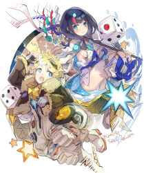 Rule 34 | 1boy, 1girl, :o, ass, astronaut, bare shoulders, black hair, blonde hair, blue eyes, breasts, dice, fate (series), floating, gloves, goggles, goggles on head, haku (sabosoda), jacket, large breasts, open mouth, sandals, serious, spacesuit, stab, utsumi erice, voyager (fate), white background