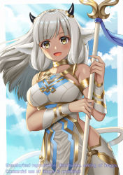 Rule 34 | 1girl, animal ears, ash (fire emblem), breasts, cow ears, cow girl, cow horns, cow tail, fire emblem, fire emblem heroes, hair ornament, horns, large breasts, long hair, looking at viewer, nintendo, open mouth, shimako (smk023), solo, tail, upper body, yellow eyes