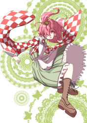 Rule 34 | 1girl, apron, bell, boots, checkered clothes, checkered clothes, checkered kimono, clothes writing, cross-laced footwear, hair bell, hair ornament, japanese clothes, jingle bell, kimono, kuronuko neero, lace-up boots, long sleeves, looking at viewer, motoori kosuzu, open mouth, pink hair, red eyes, revision, short hair, smile, solo, touhou, twintails, two side up, wide sleeves