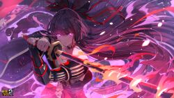 Rule 34 | 1girl, armor, bare shoulders, benghuai xueyuan, bow, breasts, cleavage, closed mouth, copyright name, flaming sword, flaming weapon, glowing, glowing eyes, hair bow, hair ribbon, highres, hokushin mei, holding, holding sword, holding weapon, honkai (series), japanese armor, katana, logo, long hair, looking at viewer, medium breasts, official art, ponytail, purple eyes, purple hair, ribbon, sarashi, second-party source, solo, sword, weapon