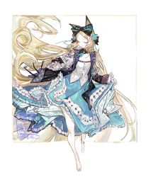 Rule 34 | 1girl, animal ears, arknights, bare legs, barefoot, black bow, black jacket, blonde hair, blue nails, blue skirt, bow, cat ears, closed eyes, curly hair, detached collar, floating hair, framed, frilled skirt, frilled sleeves, frills, full body, hair bow, highres, iris (arknights), jacket, layered skirt, long hair, long skirt, nail polish, open clothes, open jacket, outside border, parted bangs, pipidan, skirt, skirt hold, solo, very long hair, vest, white background, white vest