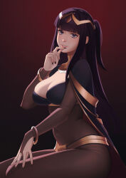 Rule 34 | 1girl, black cape, black eyes, black hair, black nails, blunt bangs, bodystocking, breasts, bridal gauntlets, cape, circlet, cleavage, commentary, covered navel, dnaitari, english commentary, fire emblem, fire emblem awakening, gold trim, grin, highres, large breasts, lips, long hair, looking at viewer, nintendo, parted lips, pink lips, sitting, skin tight, smile, solo, tharja (fire emblem), two side up