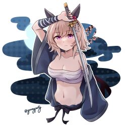 Rule 34 | 1girl, absurdres, alternate costume, animal ears, arm up, bare shoulders, black hairband, blush, breasts, brown hair, cleavage, closed mouth, collarbone, curren chan (umamusume), goom (goomyparty), grey kimono, hair between eyes, hairband, highres, holding, holding sword, holding weapon, horse ears, japanese clothes, katana, kimono, medium breasts, navel, off shoulder, open clothes, open kimono, polka dot, polka dot background, purple eyes, sarashi, short sleeves, simple background, solo, sword, umamusume, weapon, white background, wide sleeves