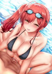 Rule 34 | 1boy, 1girl, :d, :p, absurdres, ahoge, azur lane, bikini, black bikini, blush, breasts, censored, cleavage, collarbone, cowgirl position, cum, cum in pussy, day, girl on top, goggles, goggles on head, half-closed eyes, hetero, highres, large breasts, long hair, looking at viewer, mosaic censoring, nipples, o-ring, o-ring bikini, open mouth, outdoors, penis, poolside, pov, pussy, red hair, sex, side ponytail, smile, solo focus, straddling, swimsuit, tongue, tongue out, u4284g, vaginal, wet, zara (azur lane), zara (poolside coincidence) (azur lane)