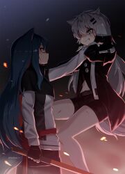 Rule 34 | 2girls, absurdres, animal ears, arknights, black coat, black gloves, black shorts, blood, blood on face, blue hair, bruise, closed mouth, coat, cuts, defeat, embers, eye contact, femdom, fingerless gloves, gloves, grey eyes, grey hair, hair ornament, hairclip, highres, holding, holding sword, holding weapon, injury, jacket, lappland (arknights), long hair, long sleeves, looking at another, multiple girls, narynn, navel, neck lift, red eyes, scar, scar across eye, shaded face, shorts, slit pupils, smile, standing, strangling, sword, tail, texas (arknights), twitter username, weapon, wolf ears, wolf girl, wolf tail