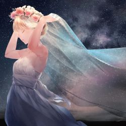 Rule 34 | 1girl, armpits, blonde hair, bridal veil, closed mouth, commentary request, dress, closed eyes, flower, from side, hands up, head wreath, highres, holding, original, red flower, red rose, rose, sky, smile, solo, sousou (sousouworks), standing, star (sky), starry sky, veil, wedding dress, white dress